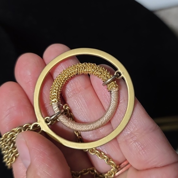 Gold Tone Multi Layered Open Circle Medallions Necklace, Mother of Pearl Discs - Picture 5 of 11